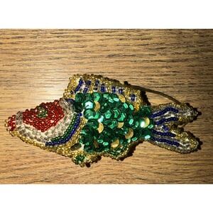 Pier 1 RARE Beaded Jeweled Sequined FISH Christmas Ornament Multicolor Green Red